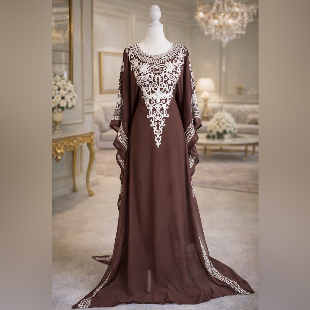 🤎 Elegant Brown Embroidered Kaftan Dress – Free Size